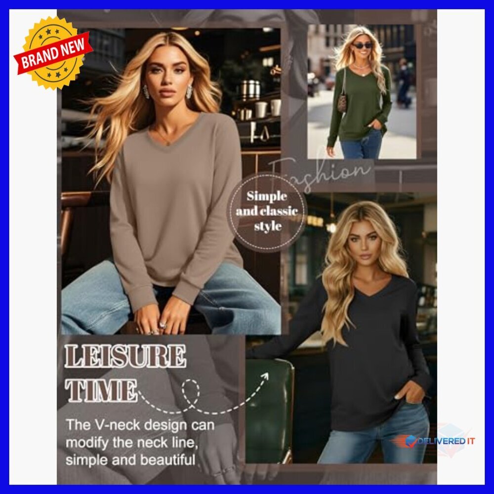 3 Pack Long Sleeve V-Neck Sweatshirts Cotton Loose Fit Casual Tops - Picture 3 of 6